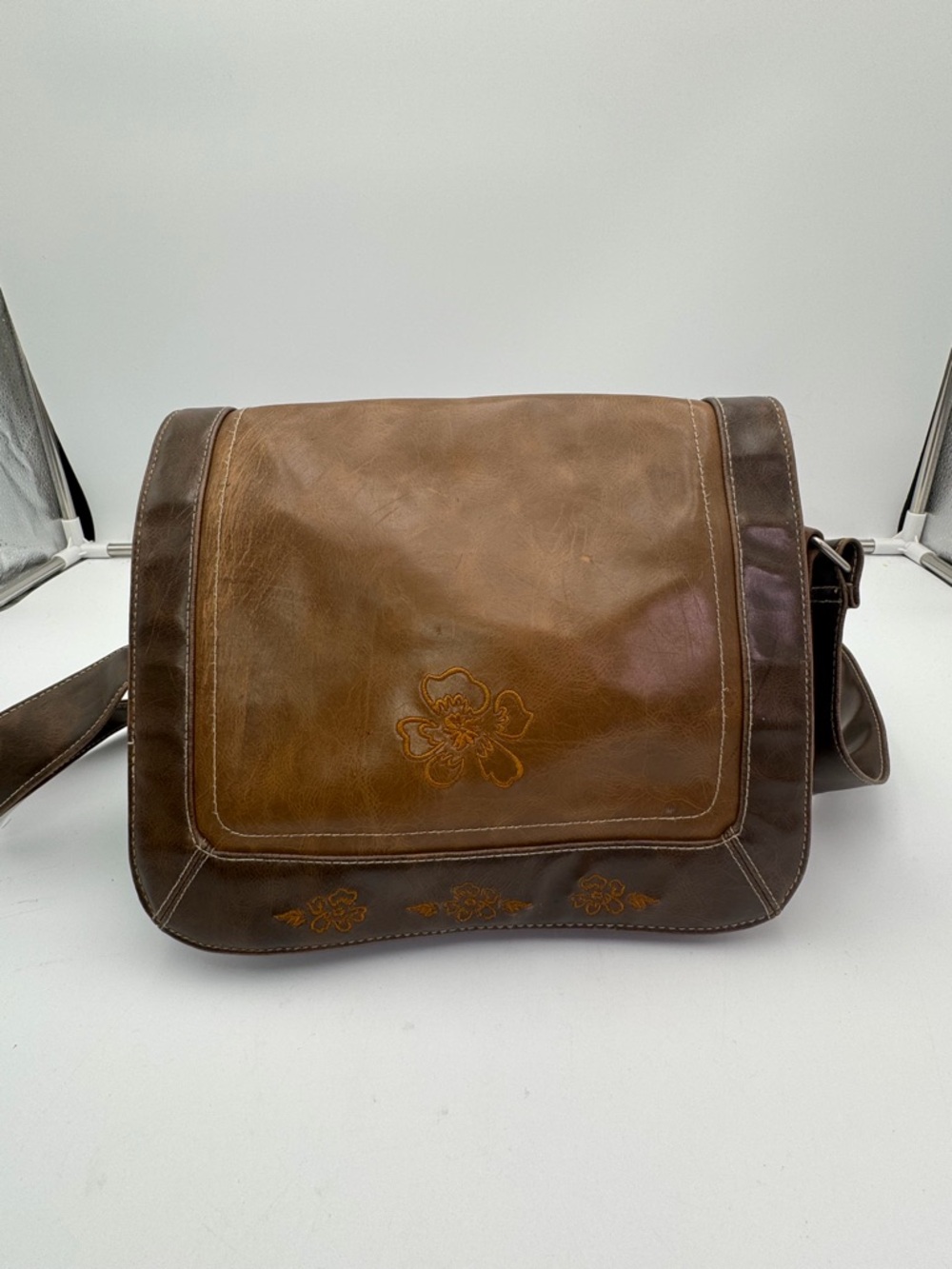 Vintage The Stone Leather Crossbody Messenger Bag Brown Floral Embossed Boho